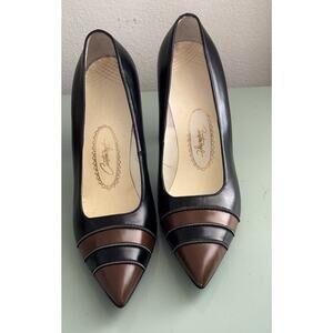 60s Vintage Custom Craft Black Brown Striped Leather Pumps Heels Sz 6.5 B Monroe